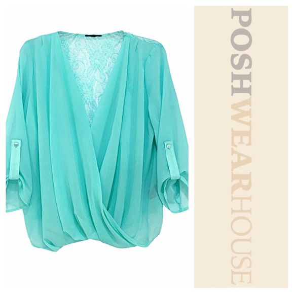 Tops - Sea Foam Mint Sheer Surplice Lace Back Blouse