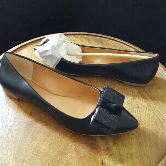 J Crew Black Glitter Bow Flats