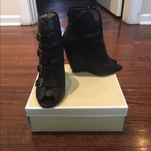 Black wedge peep toe booties