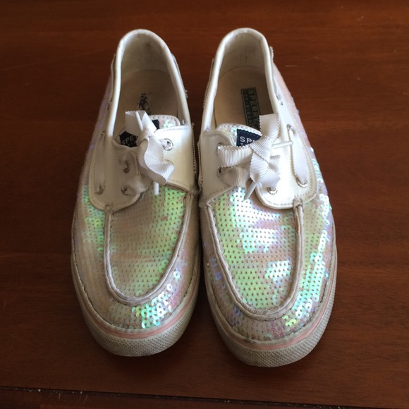 White Sperrys with Iridescent Pink Sequins