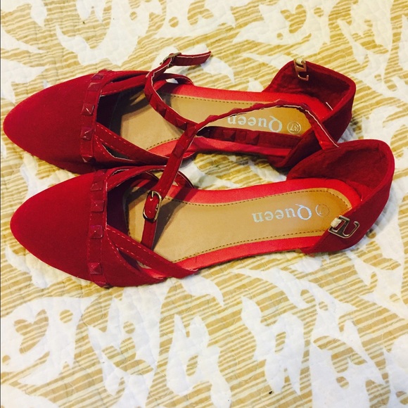Red suede ankle strap flats