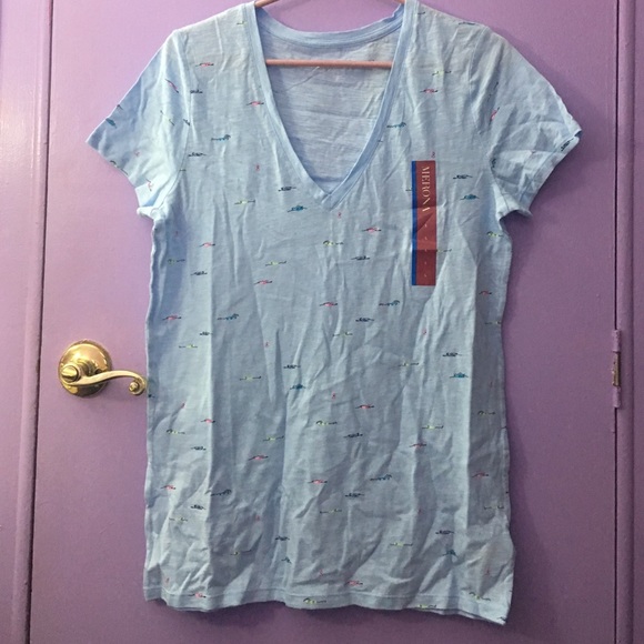 New blue v neck neon swimmer pattern shirt