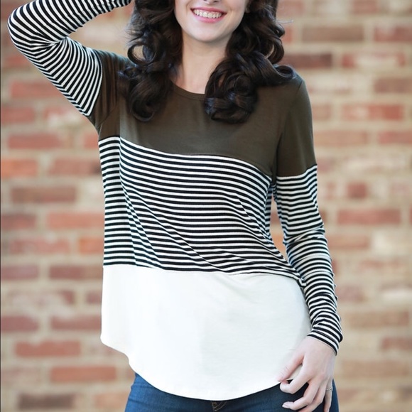 SALE- Olive Color Blocked Striped Top - Picture 2 of 2