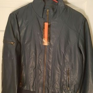 Navy faux leather moto jacket. Size Lrg.
