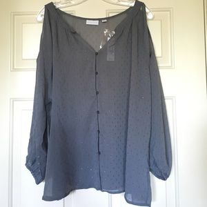 Sparkly Grey Long Sleeve Open Shoulder Blouse