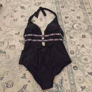 Black low plunge one piece swim suit