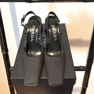Vintage Prada black twill woven slingback pumps