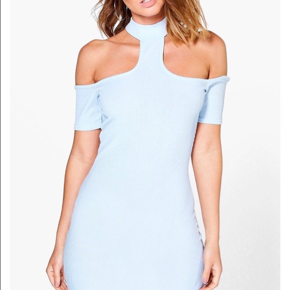 Boohoo cold shoulder ribbed blue bodycon dress
