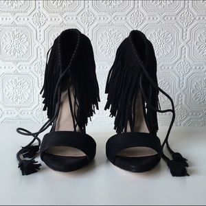 Zara black fringe suede ankle tie heels