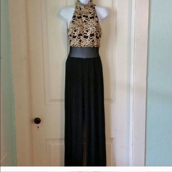 Black jumpsuit with gold lace bodice