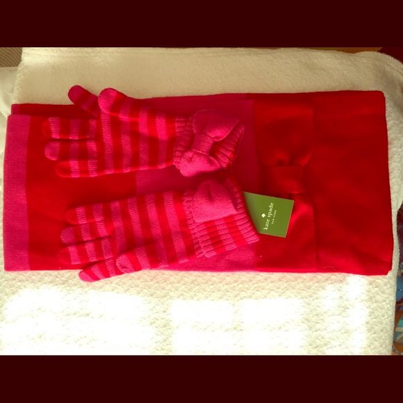 NWT Kate Spade pink & red striped Scarf & Gloves!