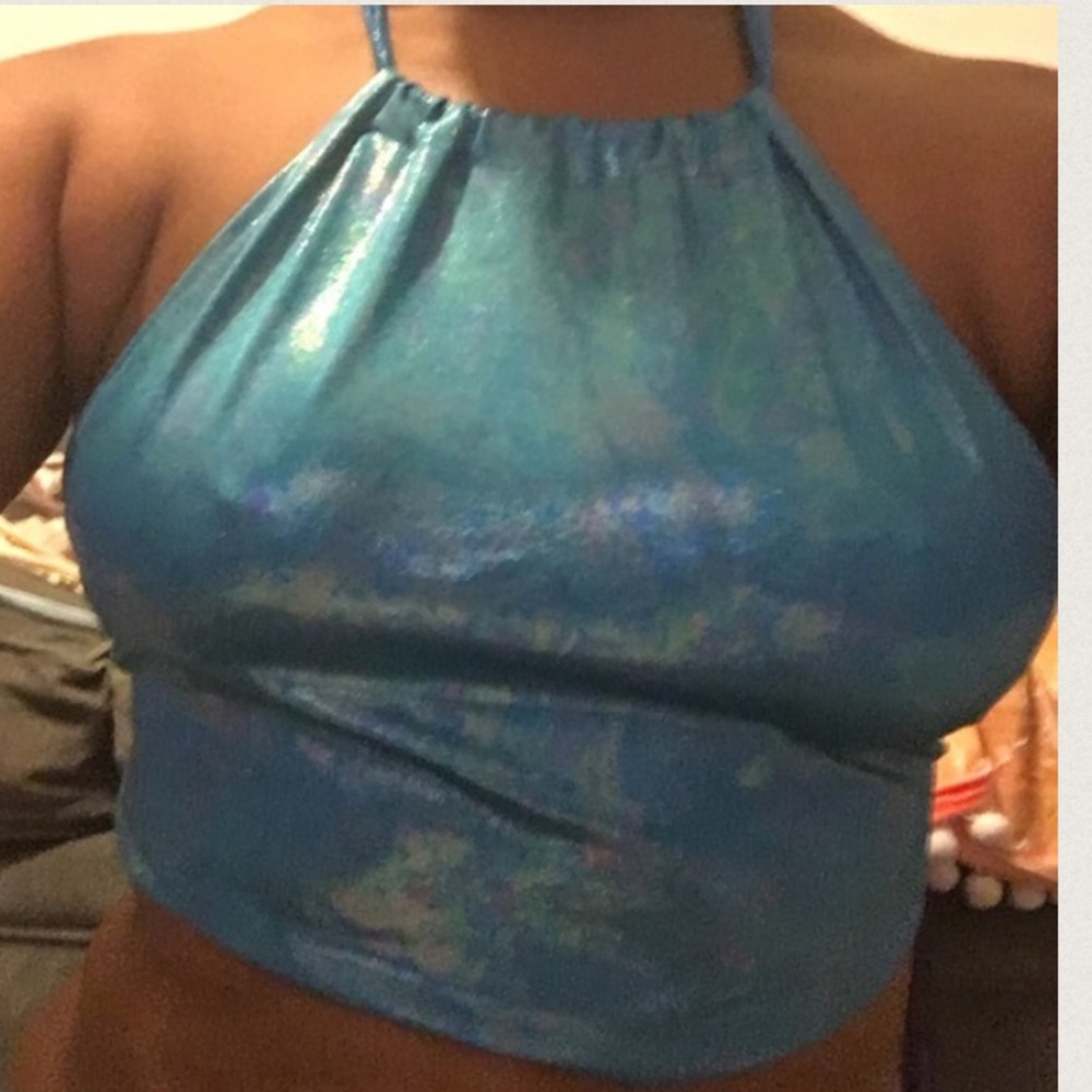 Blue hologram rave halter top