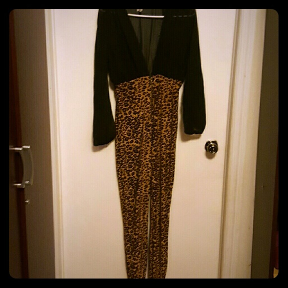 Half black and leopard long jumpsuit