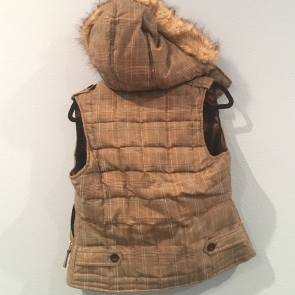 plaid pattern puffy jacket - faux fur