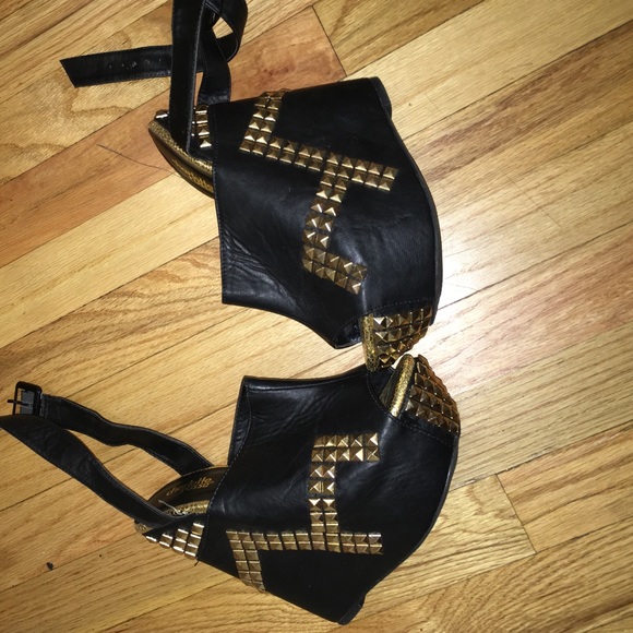Gold studded black wedge heels size 7