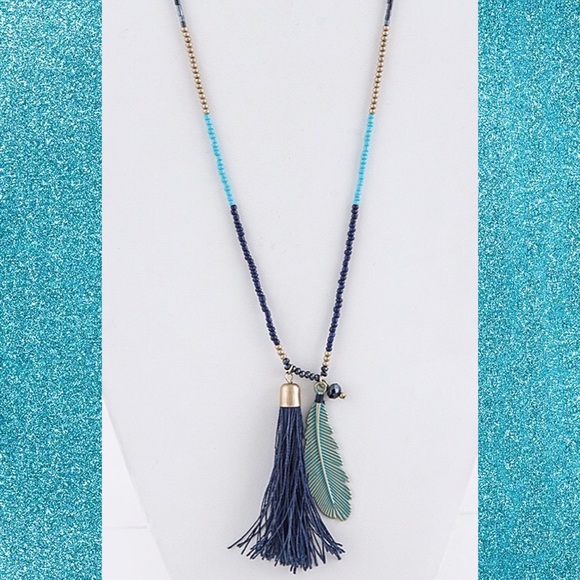 Feather Bead Charm Necklace Blue Turquoise Gold - Picture 1 of 1