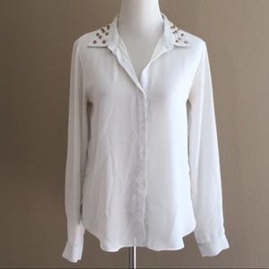 White Long Sleeve Blouse with Gold Studs