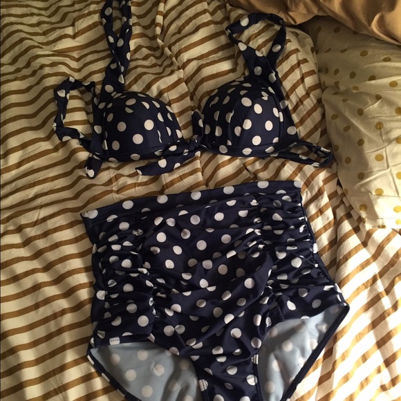 High waist blue polka dot swimsuit