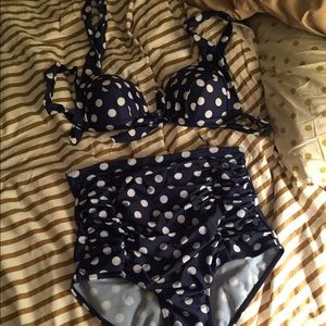 High waist blue polka dot swimsuit