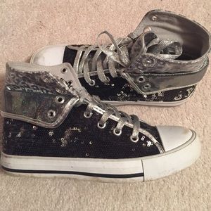 Black and silver sequence high tops