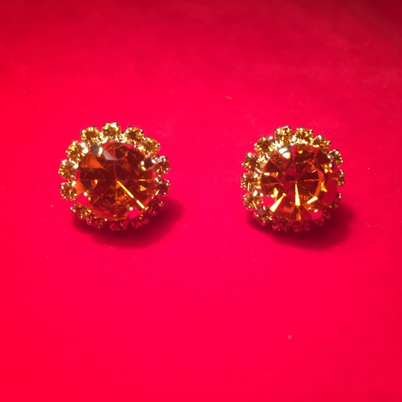 Gold Plated Amber Crystal Halo Stud Earrings