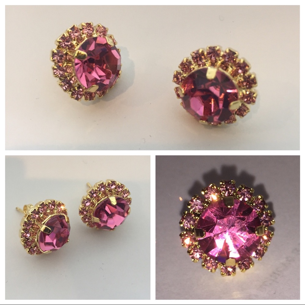 Gold Plated Pink Crystal Halo Stud Earrings