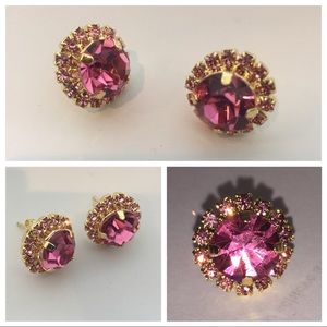 Gold Plated Pink Crystal Halo Stud Earrings