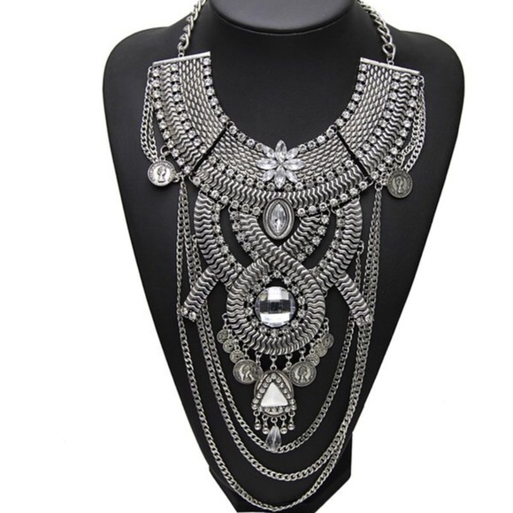 Boho Silver Bib Gypsy Statement Necklace - Picture 2 of 4