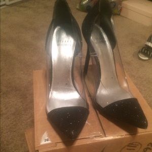 Stuart Weitzman on view pvc black glitter heels