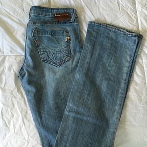 Union bootcut faded jeans.