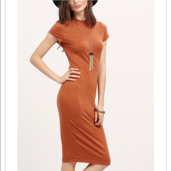 Sale Camel Crew Neck Bodycon Dress