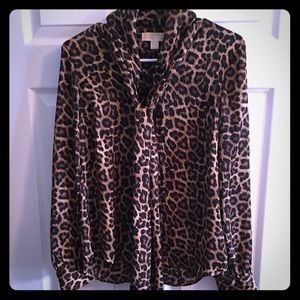 MICHAEL KORS Leopard Tie Neck Blouse