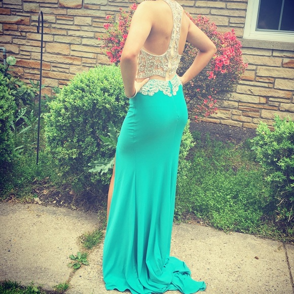 teal 2 piece prom dress
