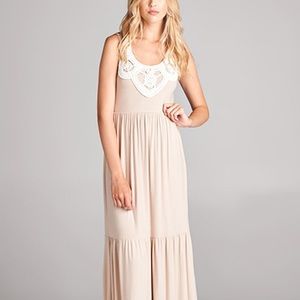 Taupe maxi dress w crochet detailing. Sz XL.