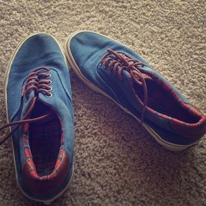 Blue and brown leather vans
