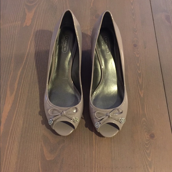 Gray patent leather Coach peep toe wedges!