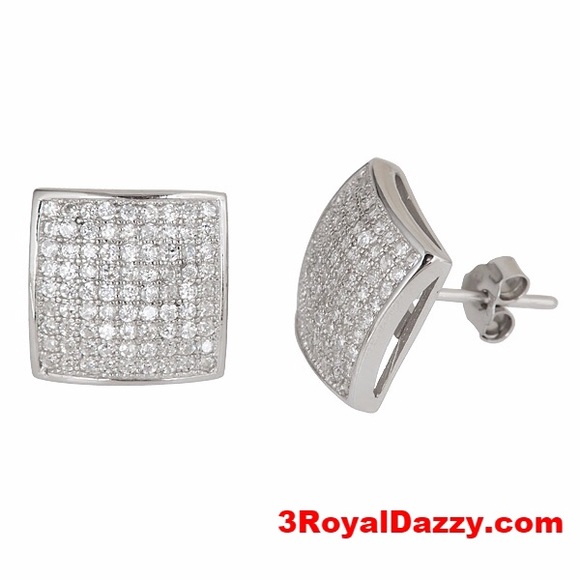 Square Micro Pave .925 Silver Stud Earrings Unisex