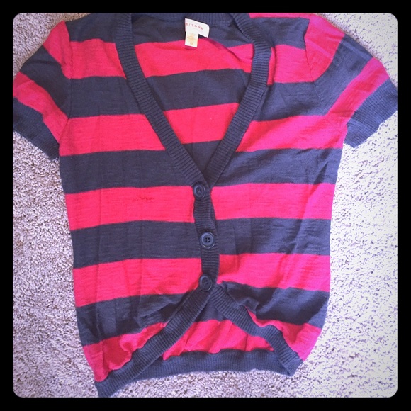 Red and gray cardigan.