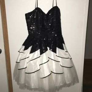 Black and white beaded lined prom dress