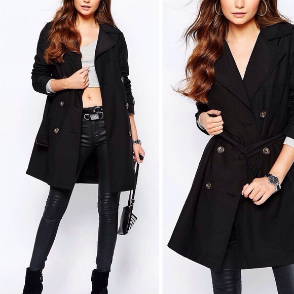 ASOS Jackets & Blazers - Classic Black  Belted Button Trench Coat