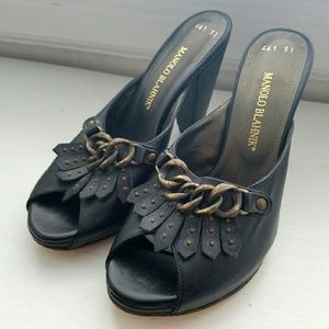 Black Leather Gladiator Peep Toe Pumps Heels 37 7