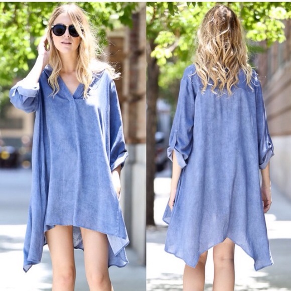 ❣LAST-BLUE S❣ Faded Washed Out V Tunic Dress - Picture 2 of 3