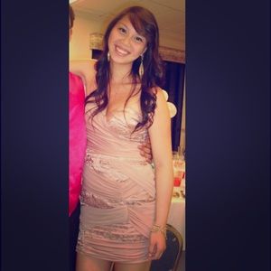 Strapless pink lacey dress with draping