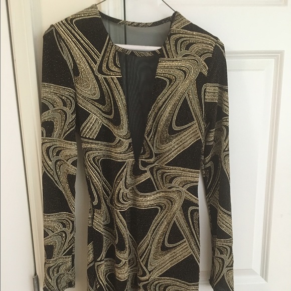 Black/Gold Dress w/ Mesh V Neck In Front and Back