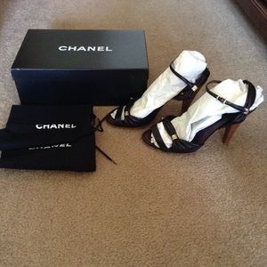 Chanel leather sandal with stacked wooden 3" heel