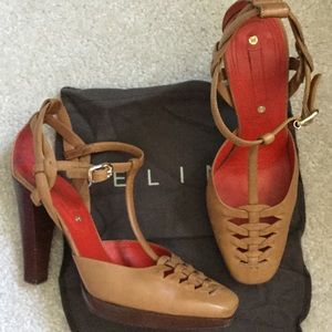 Celine Shoes - Celine tan 7.5 woven leather t-straps, sm. Pltfm Celine Shoes - Celine tan 7.5 woven leather t-straps, sm. Pltfm