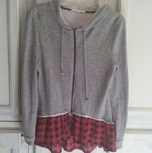 Gray Hoodie with black and red checkered ruffle