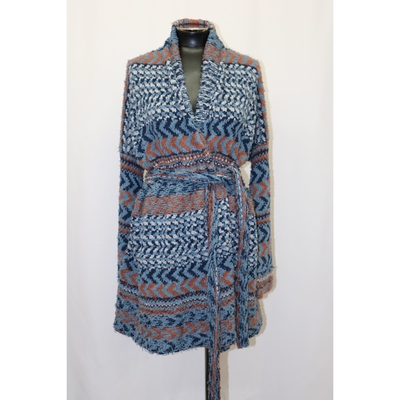 Free People Printed Belted Cardigan Blue