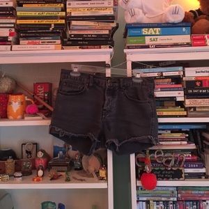 Distressed gray denim shorts