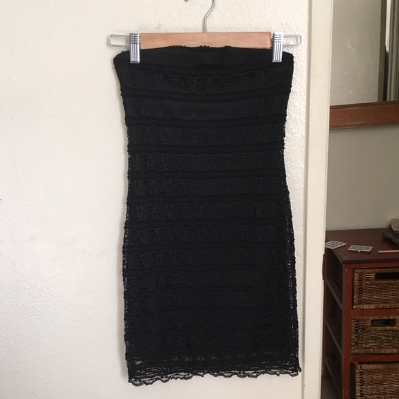 Strapless black lace dress